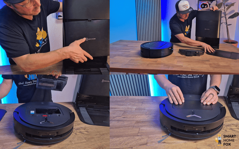 Der ECOVACS DEEBOT T80 OMNI in der Farbvariante Weiß mit geöffneter Klappe.